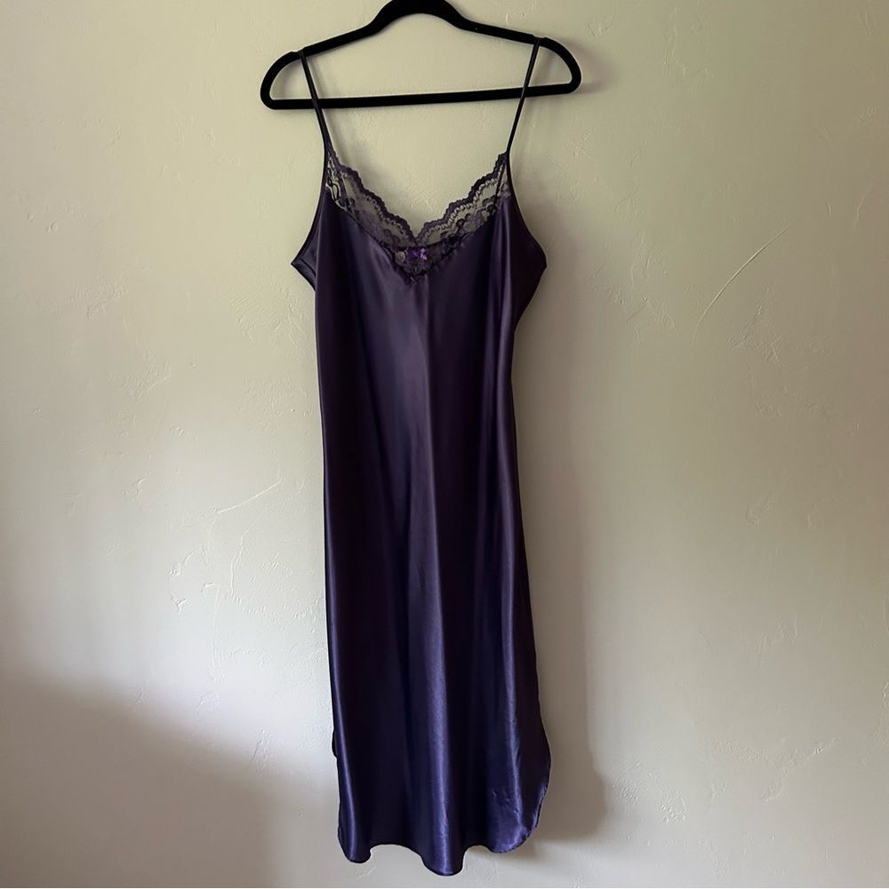 Vintage Soft Sensations Purple Satin Midi Slip Dress Lace Trim Medium Romantic